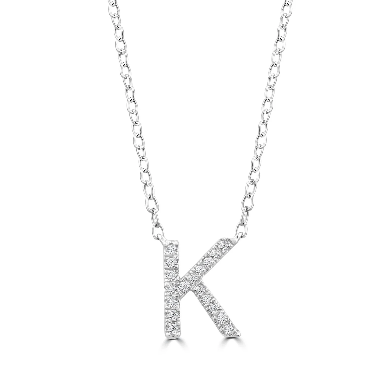 White gold necklace with a pendant in the shape of the letter K, encrusted with small diamonds.