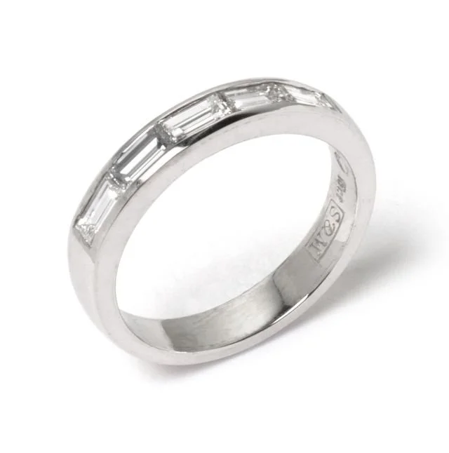 White gold ring with rectangular cut diamonds set in a row.