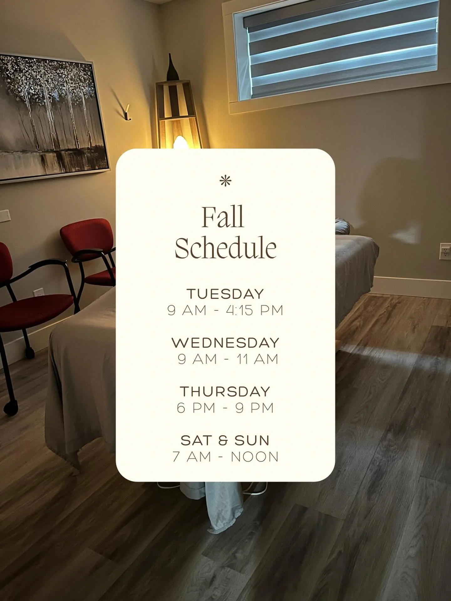 🍂 Fall Schedule is here 🍂

Massage therapy &bull; Fascia stretch therapy &bull; Nutrition counselling (virtual or in-person)

Weekly availability:

Tues | 9 AM &ndash; 4:15 PM
Wed | 9 AM &ndash; 11 AM
Thurs | 6 PM &ndash; 9 PM
Sat &amp; Sun | 7 AM 
