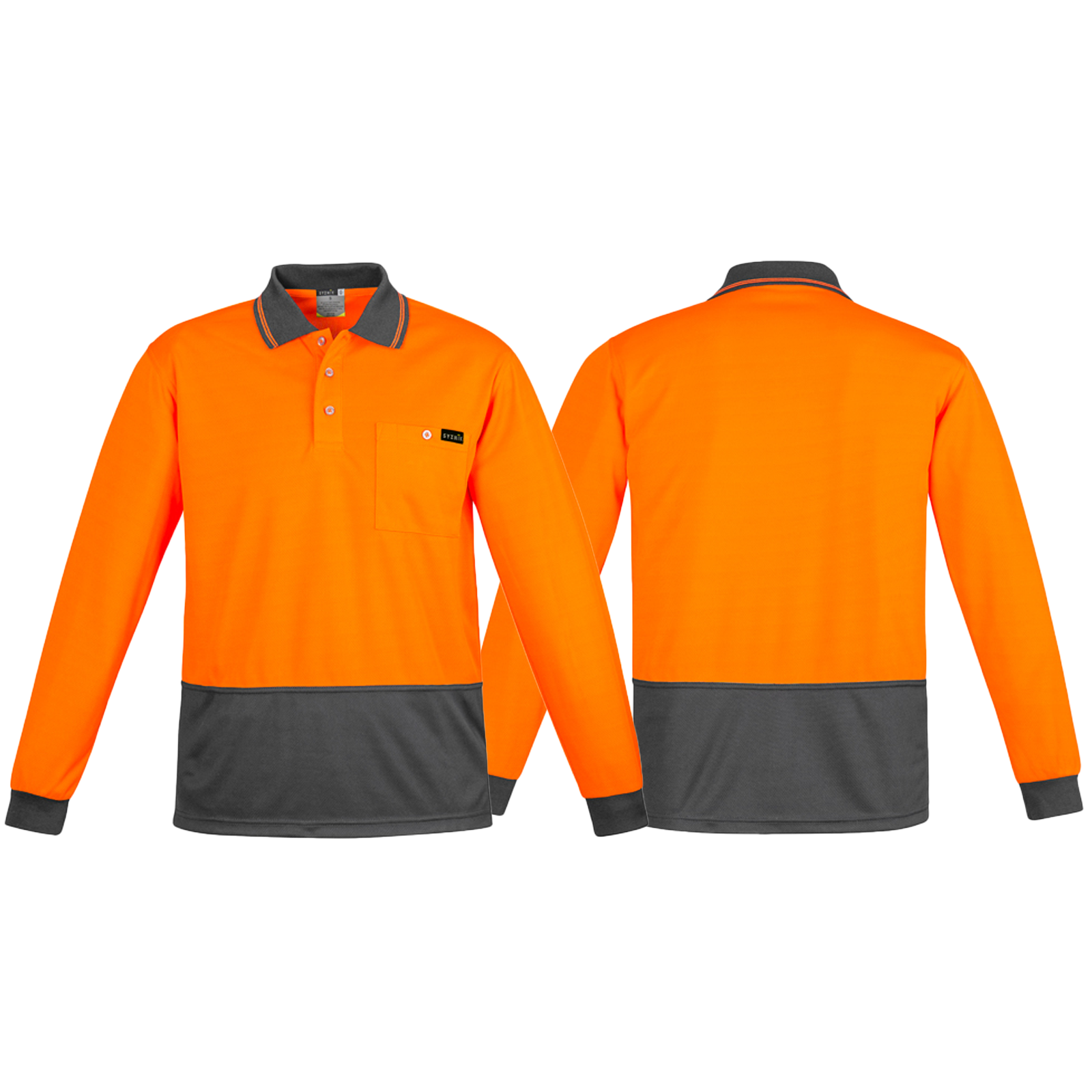 ZH410_Orange_Charcoal_Front_Back_Syzmik_SunSafe_Australia.png