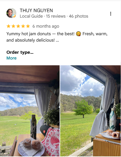 Two photos side by side showing a window view of a green field with trees under a partly cloudy sky. Inside, a table has donuts and a beverage, and a small plant is visible.