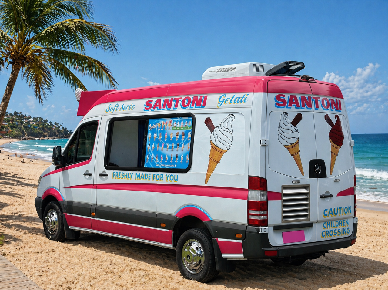 Ice cream truck parked on a sandy beach near the ocean with palm trees and blue sky in the background.