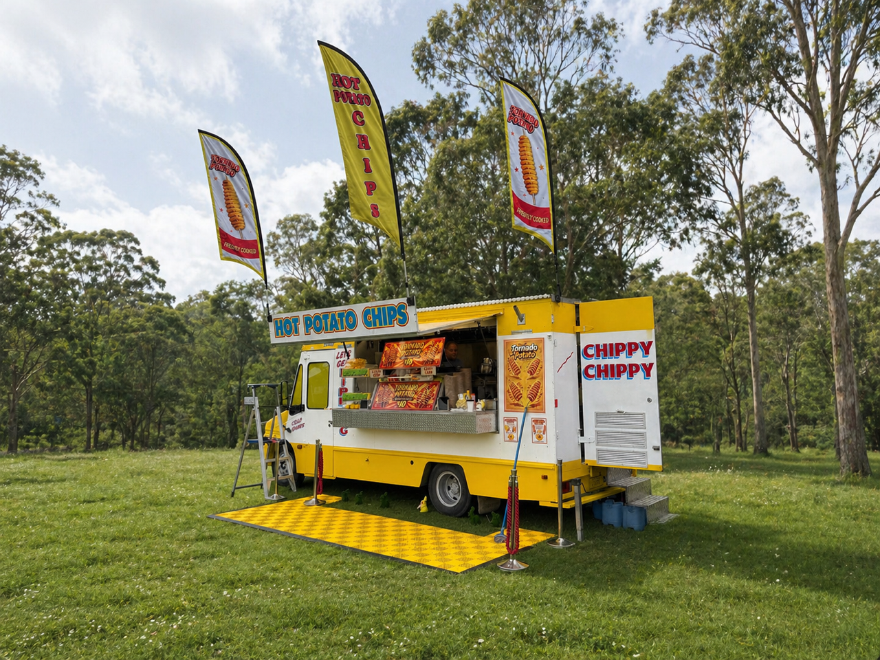 A bright yellow and white food truck selling hot potato chips and chippy chippy snacks, set up in a green grassy area with trees in the background under a partly cloudy sky.