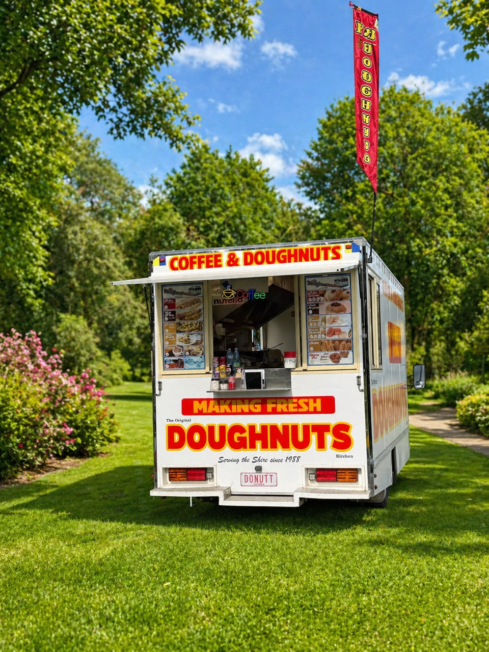 A food truck offering coffee and freshly made doughnuts parked on a grassy area surrounded by trees and colorful flowers.