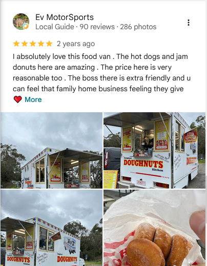 Photo collage of a food truck named "Doughnuts Kitchen" selling donuts, with a close-up of eaten donuts in paper wrapping.