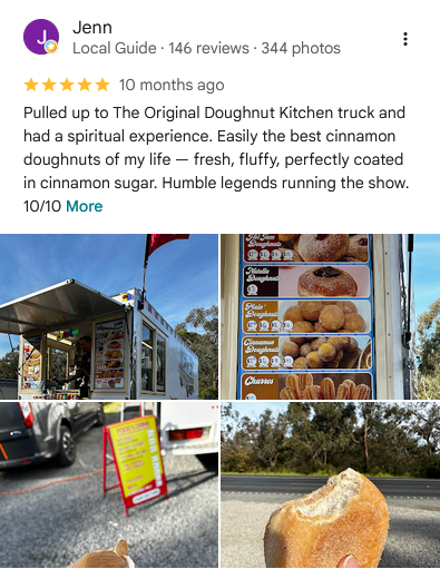 Collage of photos of a doughnut food truck, a menu board with various doughnut options, a close-up of a doughnut, and a person holding a doughnut in front of the truck
