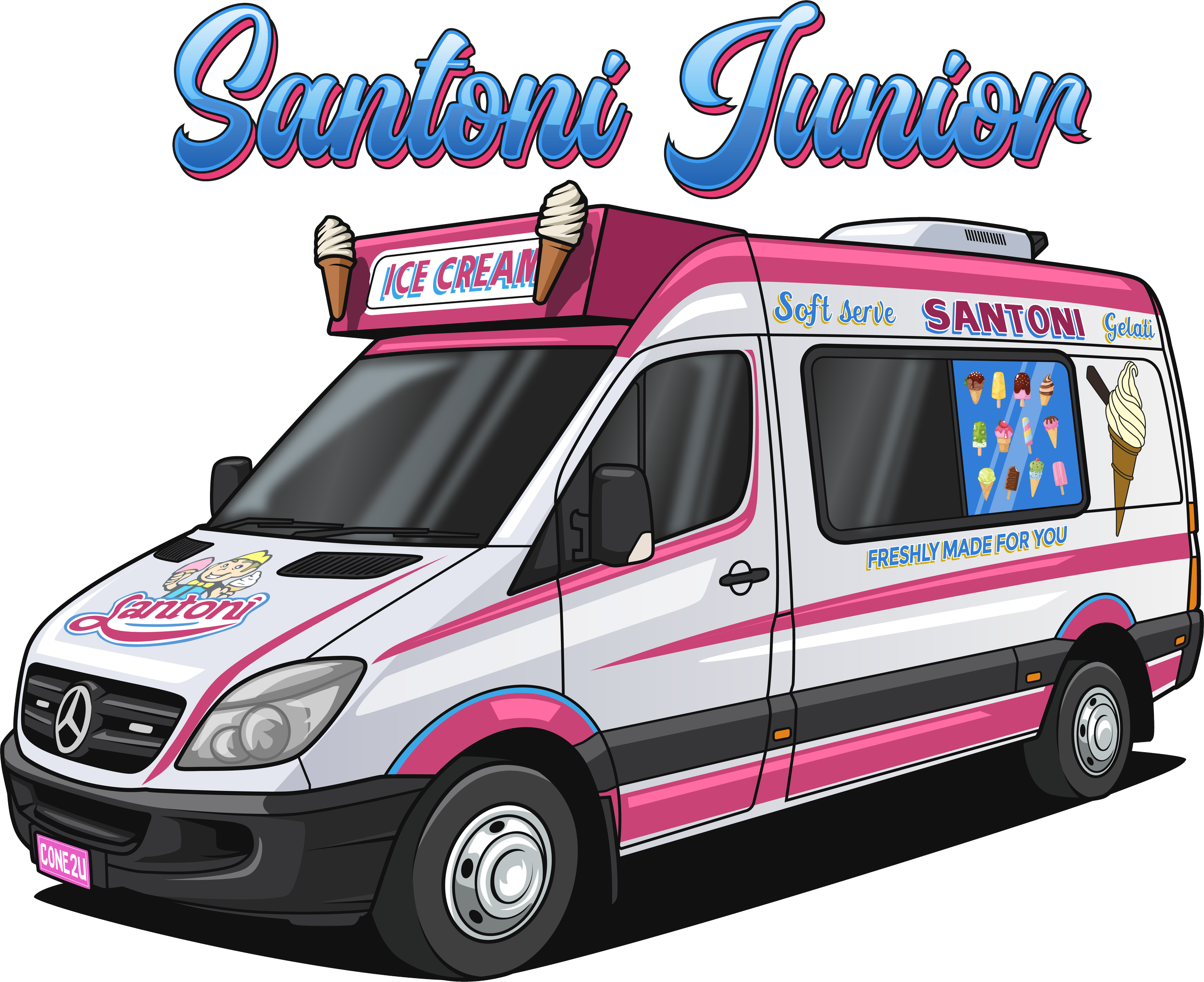 Pink and white ice cream truck with colorful signs promoting ice cream, gelati, and soft serve, featuring images of various ice cream treats on the side and graphics of ice cream cones on the roof.