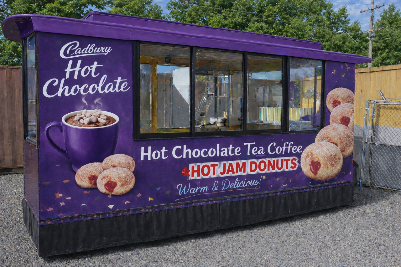 A purple food stand selling hot chocolate, tea, coffee, and hot jam donuts, with images of a hot chocolate drink and donuts on the exterior.