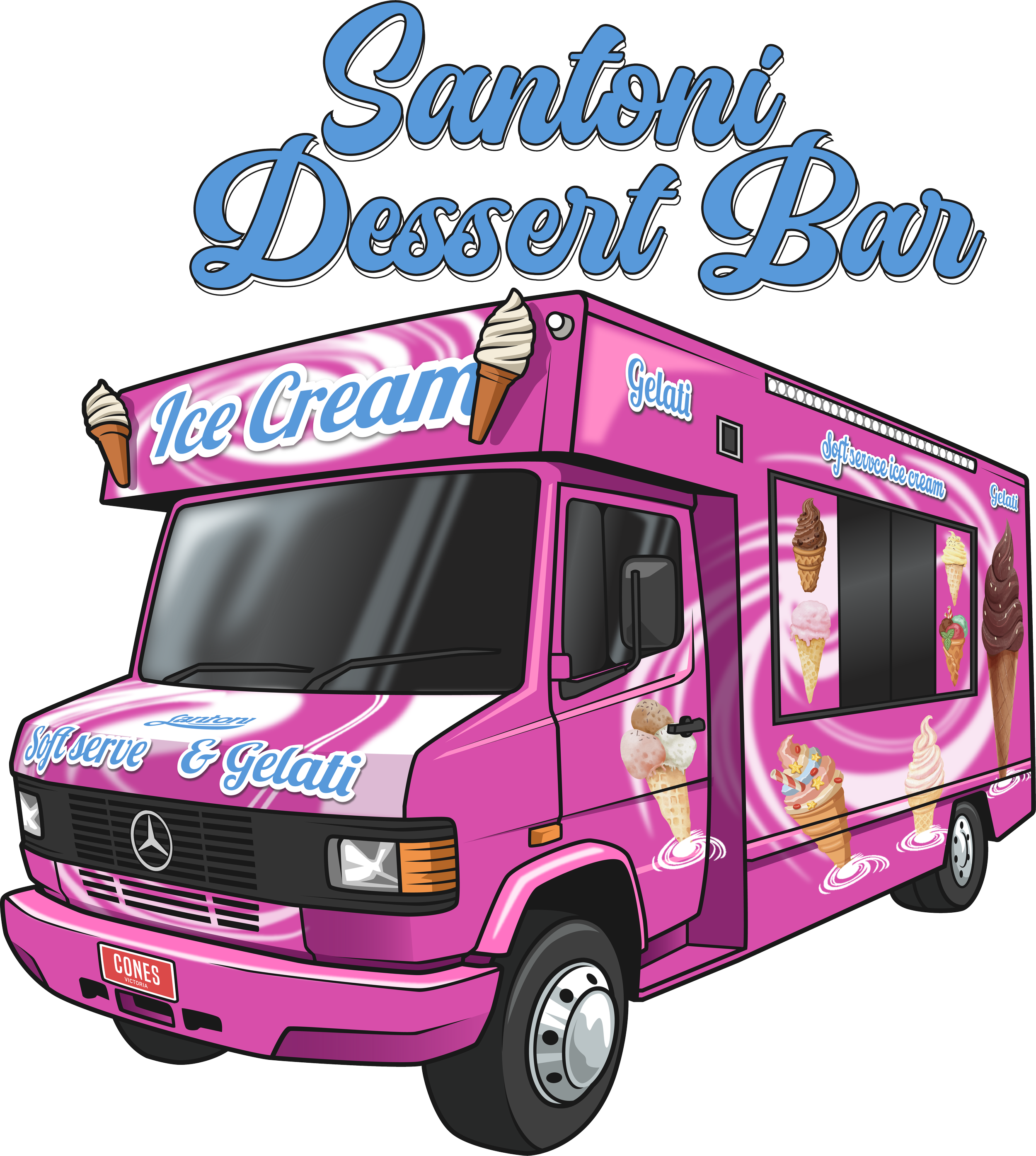A pink ice cream truck with the words 'Santonii Dessert Bar' and images of various ice cream cones and gelati, parked on a street.