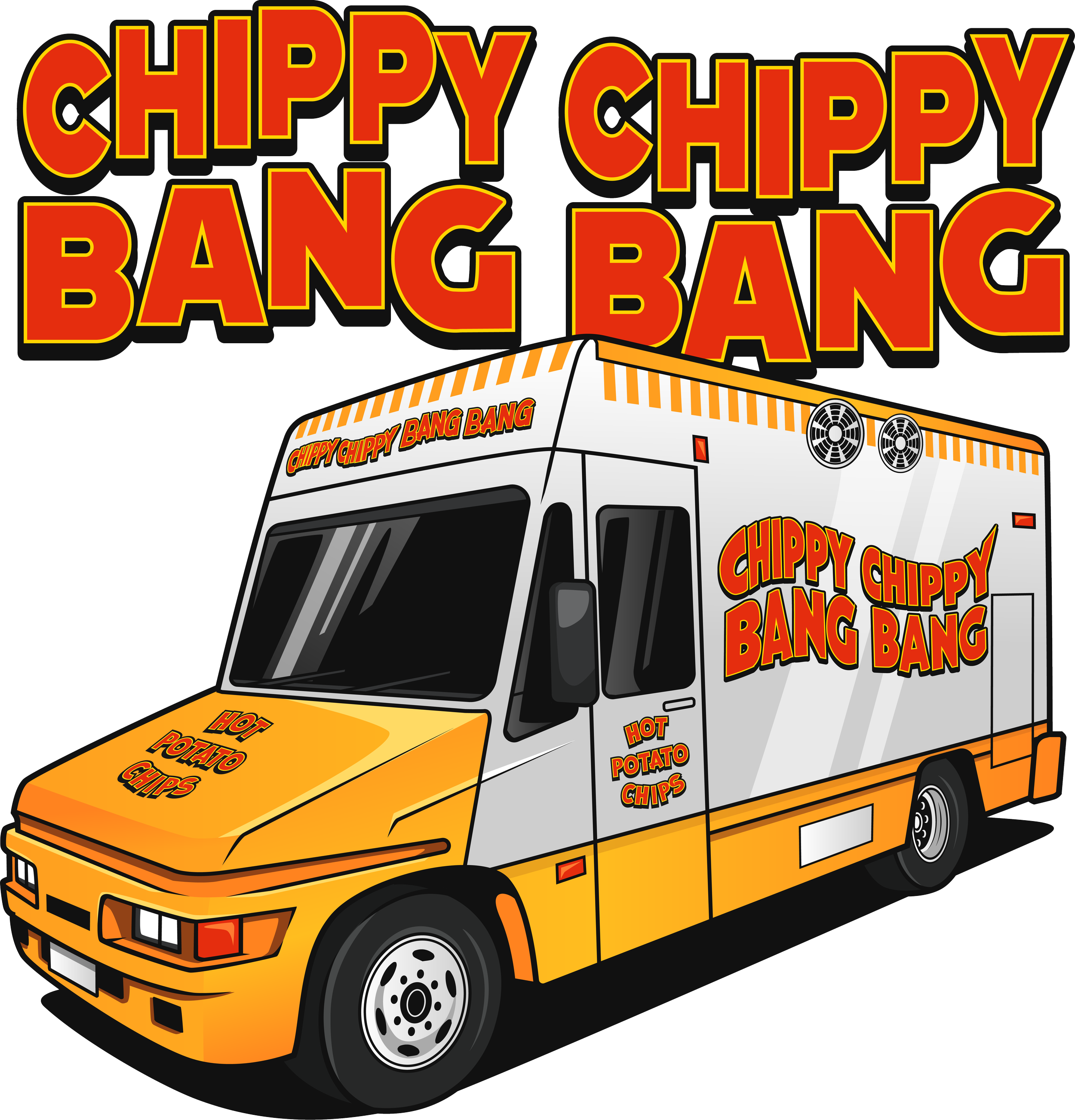 An animated food truck with orange and white coloring, featuring bold red and yellow text that reads 'Chippy Chippy Bang Bang' and 'Hot Potato Chips' on the side and top. The truck has a large front windshield, wheels, and exhaust fans on top.