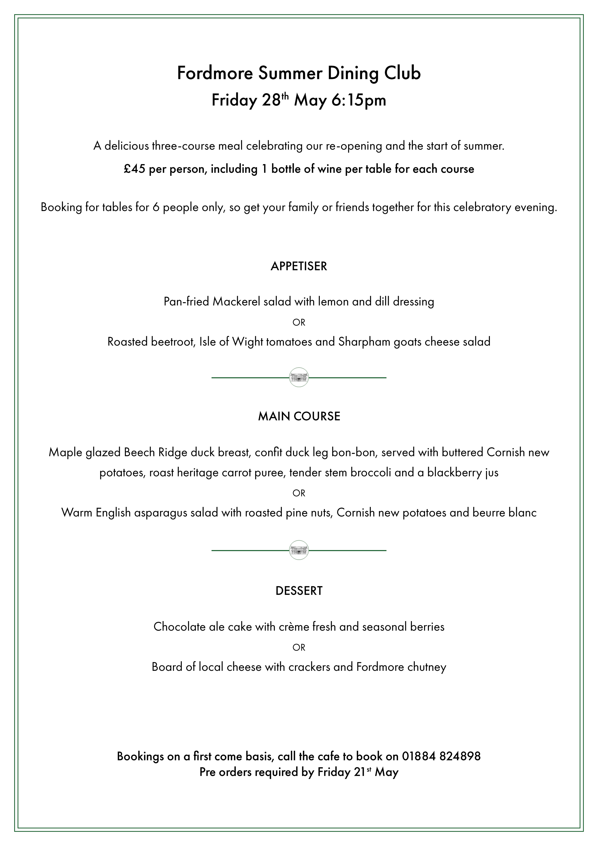 Fordmore Summer Dining Club, Friday 28th May 6:15pm