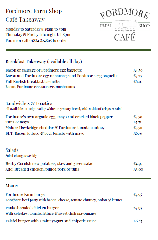 New takeaway menu from Monday 1st June