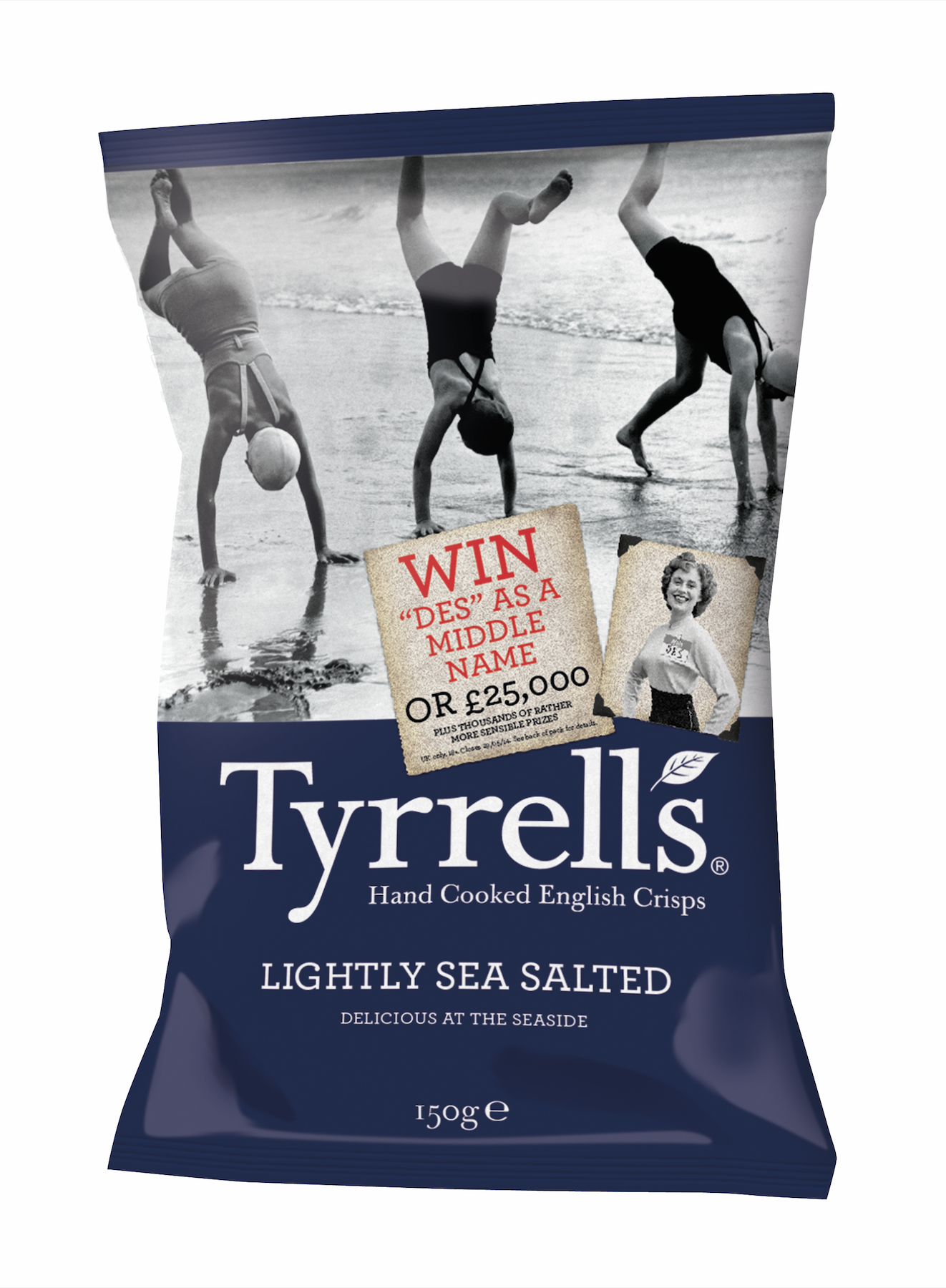 A package of Tyrrells lightly sea salted hand-cooked English crisps with a vintage beach scene at the top, featuring children in swimsuits doing handstands by the ocean, and a promotional sticker offering a chance to win a middle name 'Des' or a cash