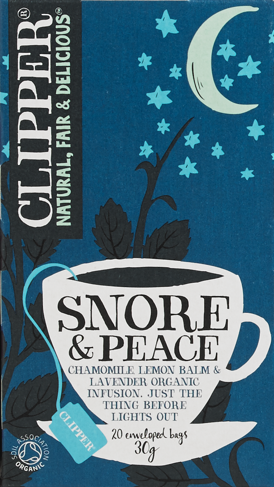 A box of Clipper organic herbal tea called 'Snore & Peace' with chamomile, lemon balm, and lavender, featuring a night sky with stars and a crescent moon in the design. Copywriting by Lee Anderson.