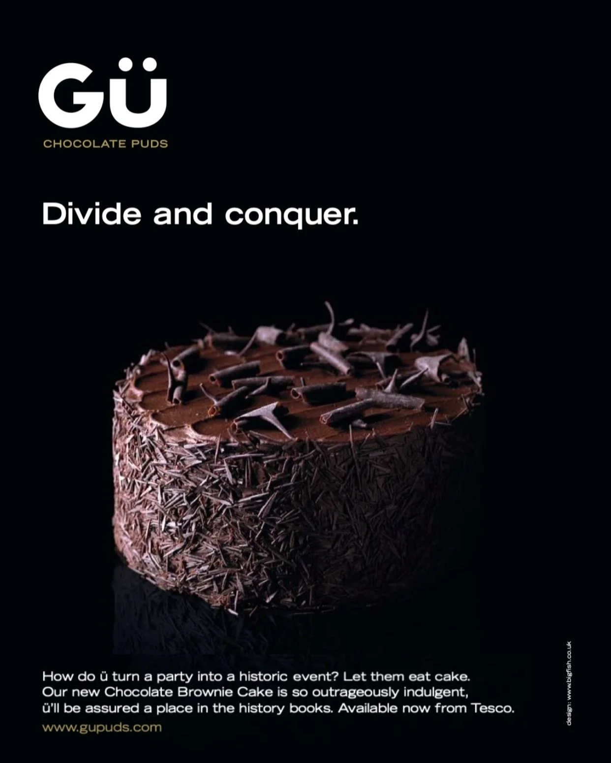 A chocolate brownie cake topped with chocolate shavings and curls, with promotional text about GÜ chocolate puddings and a website link.