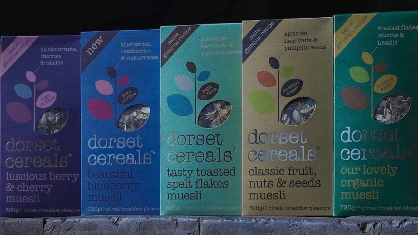 Five boxes of Dorset Cereals muesli in different flavors, including blackberry cherry, blueberry cranberry, toasted fruit, nuts, and seeds, and toasted flakes with raisins and brazils, all with colorful packaging and small transparent windows.