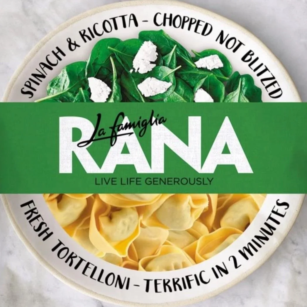 A circular food package labeled 'La famiglia RANA', featuring spinach and ricotta with chopped not blanched on the top, and fresh tortelloni at the bottom. The package also has phrases like 'live life generously' and 'terrific in 2 minutes'.
