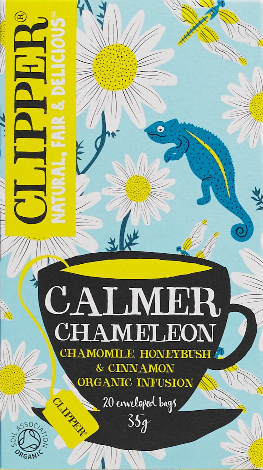 A box of Clipper Calmer Chamomile tea with illustrations of daisies, a chameleon, bees, and dragonflies on a light blue background. Copywriting by Lee Anderson.