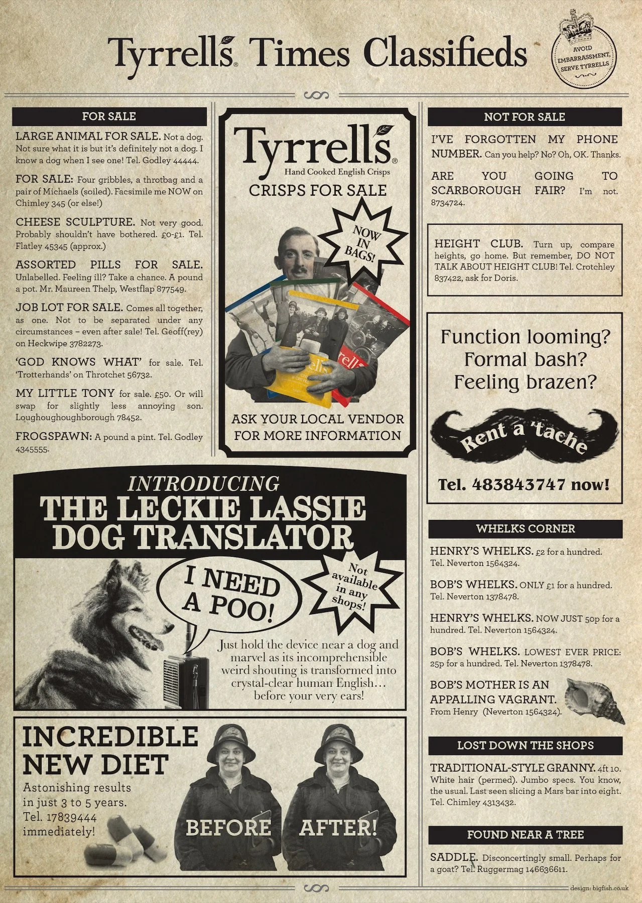 A satirical newspaper page titled 'Tyrrells Times Classifieds' featuring advertisements such as 'Large Animal for Sale,' 'Cheese Sculpture,' 'Assorted Pills for Sale,' 'Job Lot for Sale,' and humorous sections including 'Introducing the Leckie Lassie