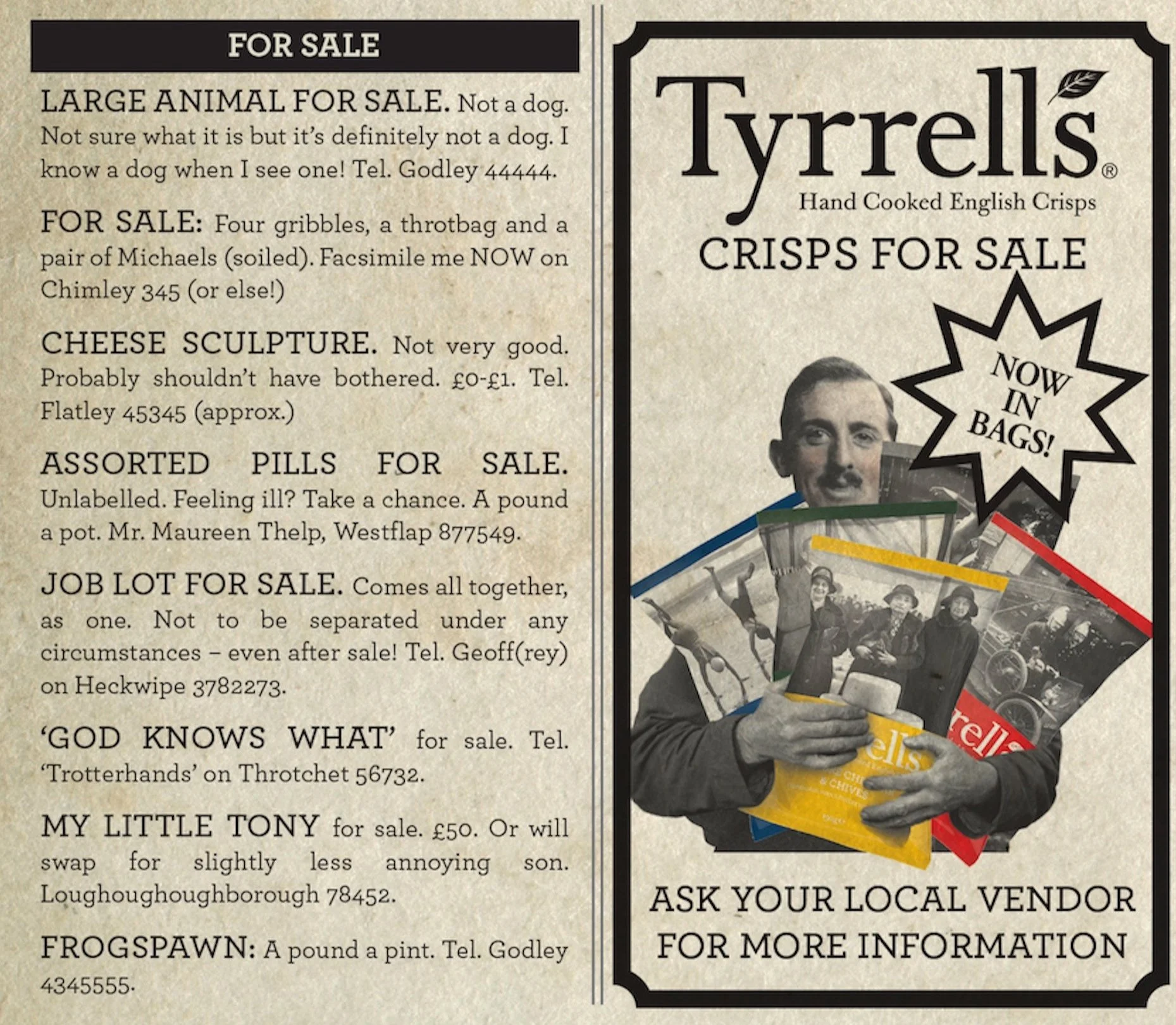 A vintage newspaper advertisement for Tyrrell's crisps, featuring a black-and-white photo of a man holding several packs of chips, with a starburst saying "Now in Bags!" and the text "Crisps for Sale." The ad encourages people to ask local vendors fo