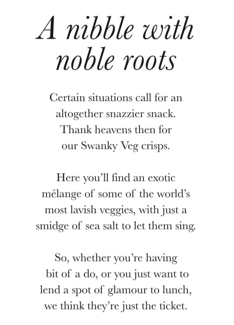 A framed poem titled 'A nibble with noble roots' with elegant, black cursive and serif fonts on a white background.