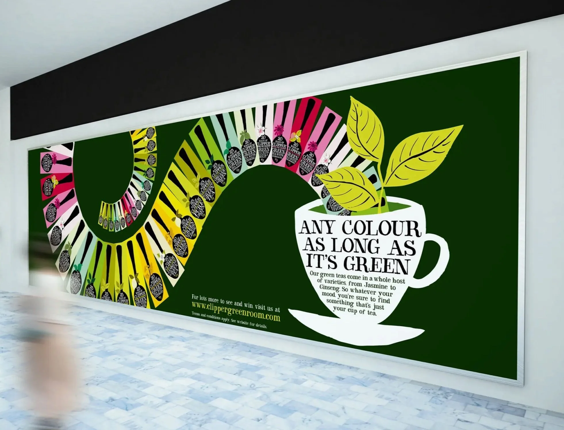 A colourful advertisement promoting green tea, featuring a large green background with a stylized steaming cup of tea and tea leaves, and text that reads, 'Any colour as long as it's green'. Copywriting by Lee Anderson.