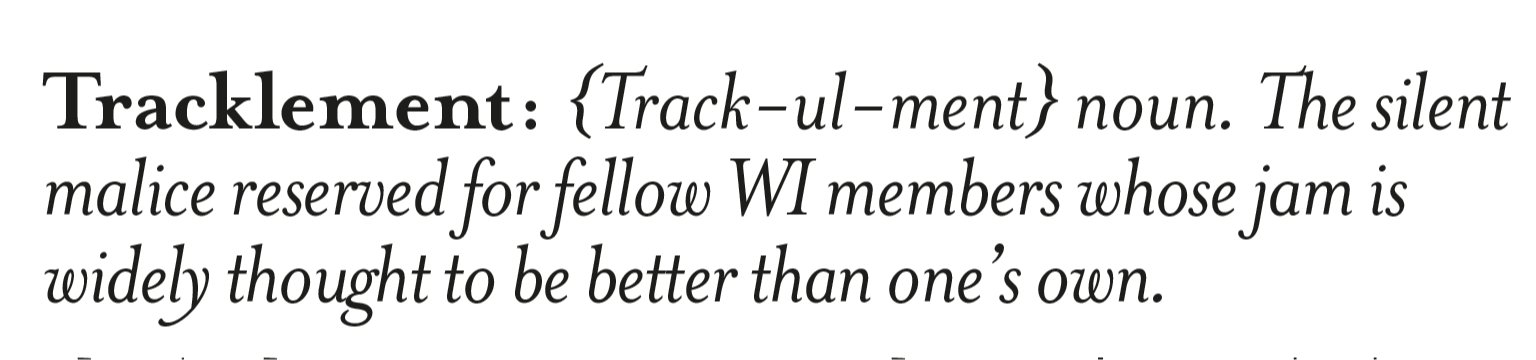 Definition of 'Tracklement' with pronunciation and description in vintage style font.
