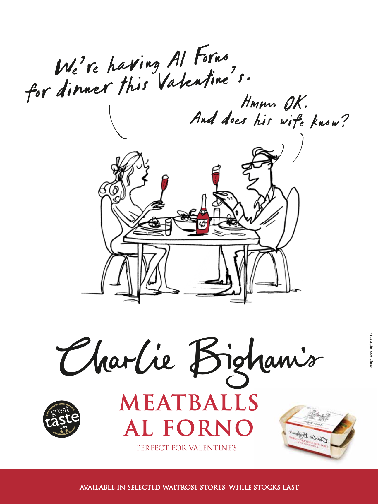 A humorous illustration of a couple at a dinner table, with one person mentioning having 'Meatballs al Forno' for Valentine's dinner, and the other asking if his wife knows. The image features a bottle of wine and two glasses, with promotional text f