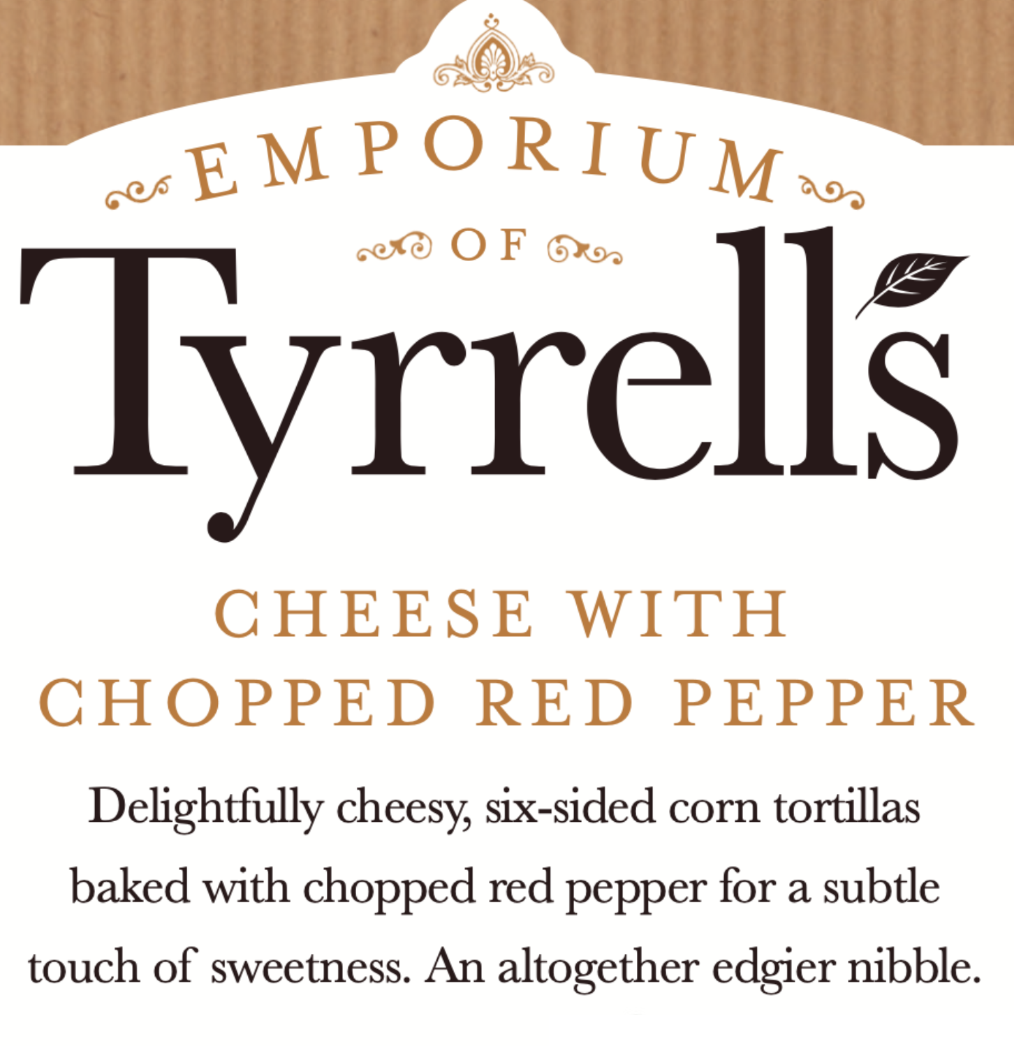 Package label for Tyrrell's cheese with chopped red pepper, featuring elegant fonts and a brief description of the snack.