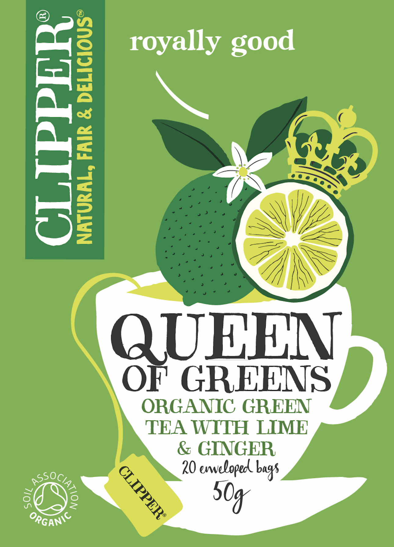 Green tea package with illustrations of a lemon, lime, ginger, and a crown, labeled "Queen of Greens" organic green tea with lime and ginger, 20 bags. Copywriting by Lee Anderson.