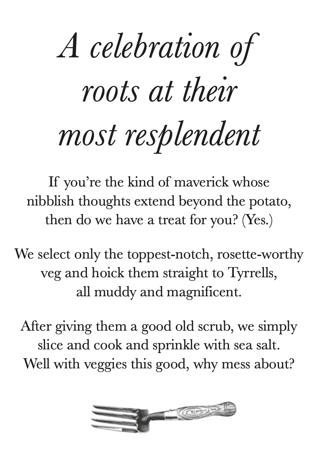 Text about celebrating roots with a small image of a gardening fork at the bottom.