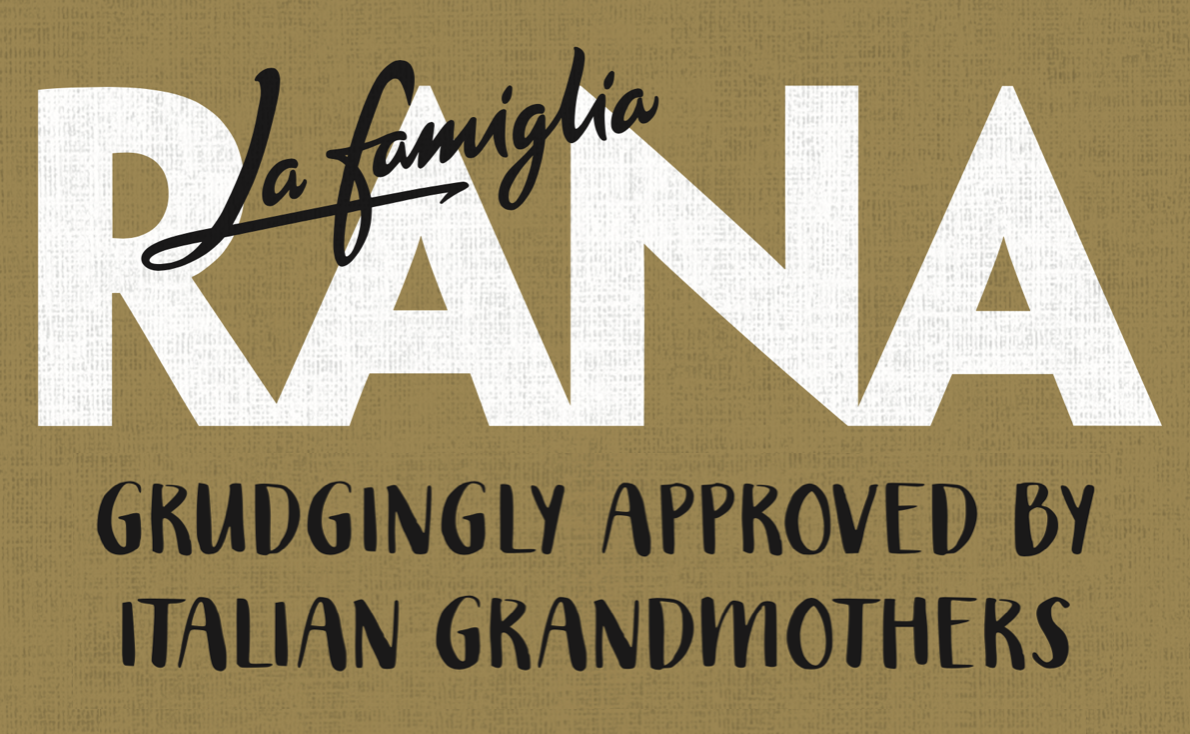 Text graphic reading 'La familia RANA grudgingly approved by Italian grandmothers' with a yellow background.