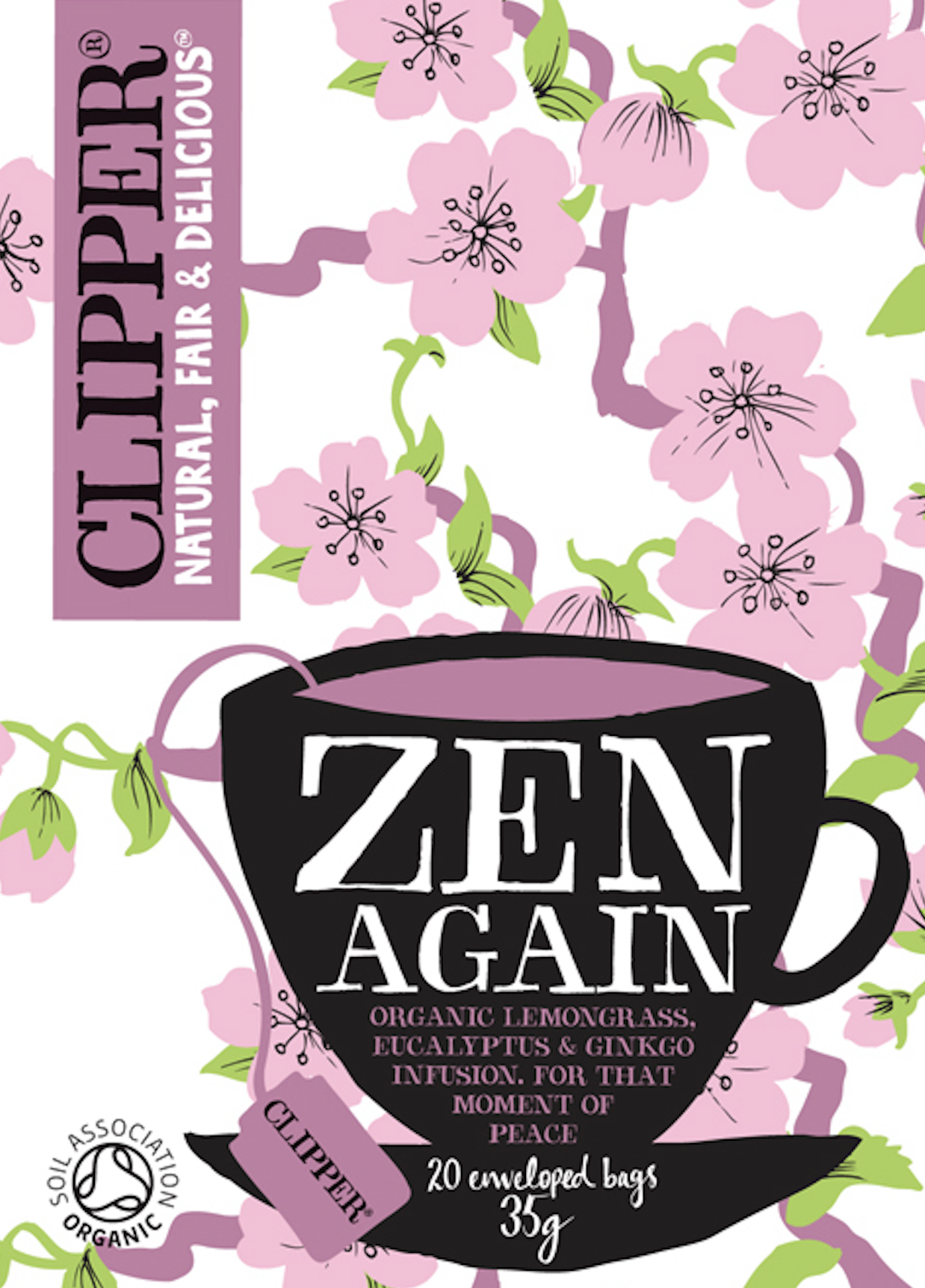 The package features a floral design with pink blossoms and green leaves. It is labeled as "Clipper" with the product name "Zen Again," an organic herbal infusion made with lemongrass, eucalyptus, and ginkgo. It contains 20 tea bags, each weighing 3.