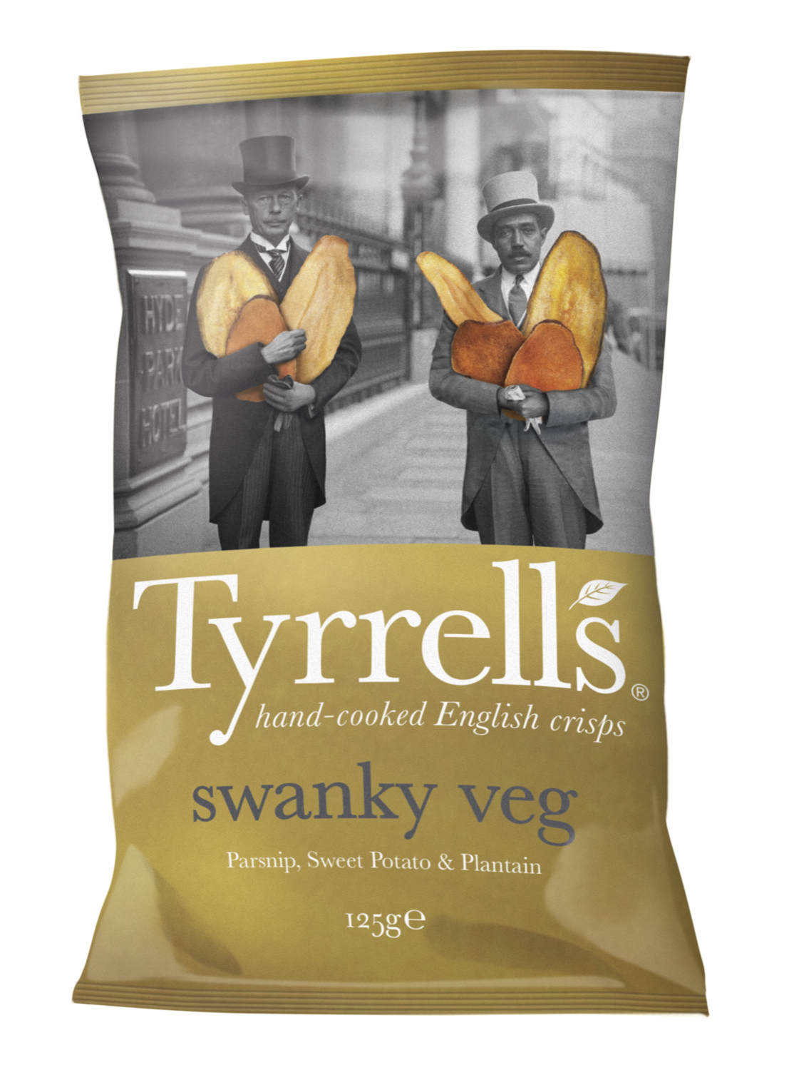 A bag of Tyrrell's hand-cooked English crisps, flavor swanky veg with parsnip, sweet potato, and plantain. The bag features a black-and-white vintage photo of two men in suits and top hats, holding illustrated sweet potato, parsnip, and plantain.