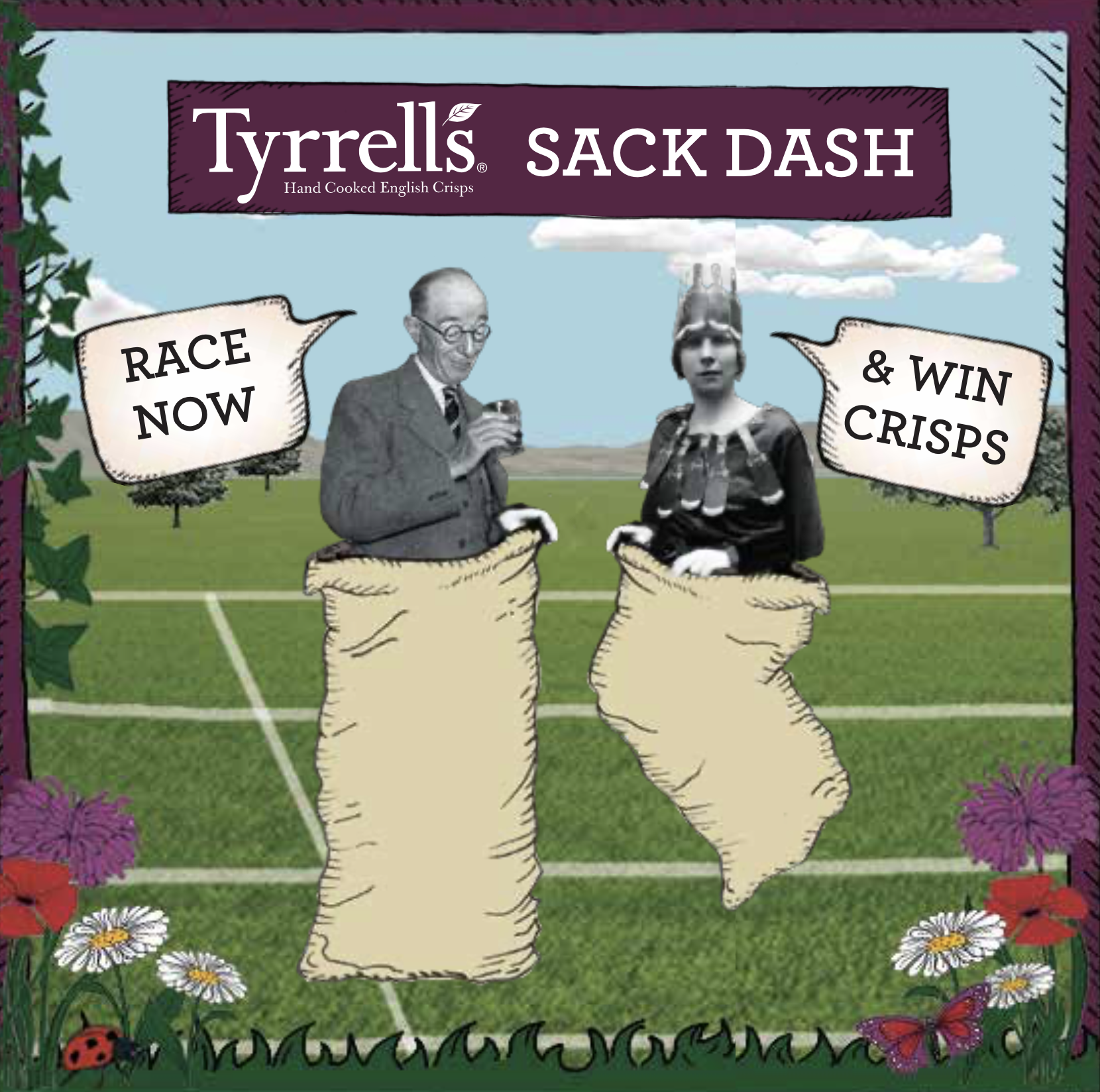 A parody of a race game called 'Sack Dash' with vintage black and white images of two people inside illustrated sacks, set against a grassy field background with children’s cartoon style flowers and insects around the border. The sign says 'Race Now'