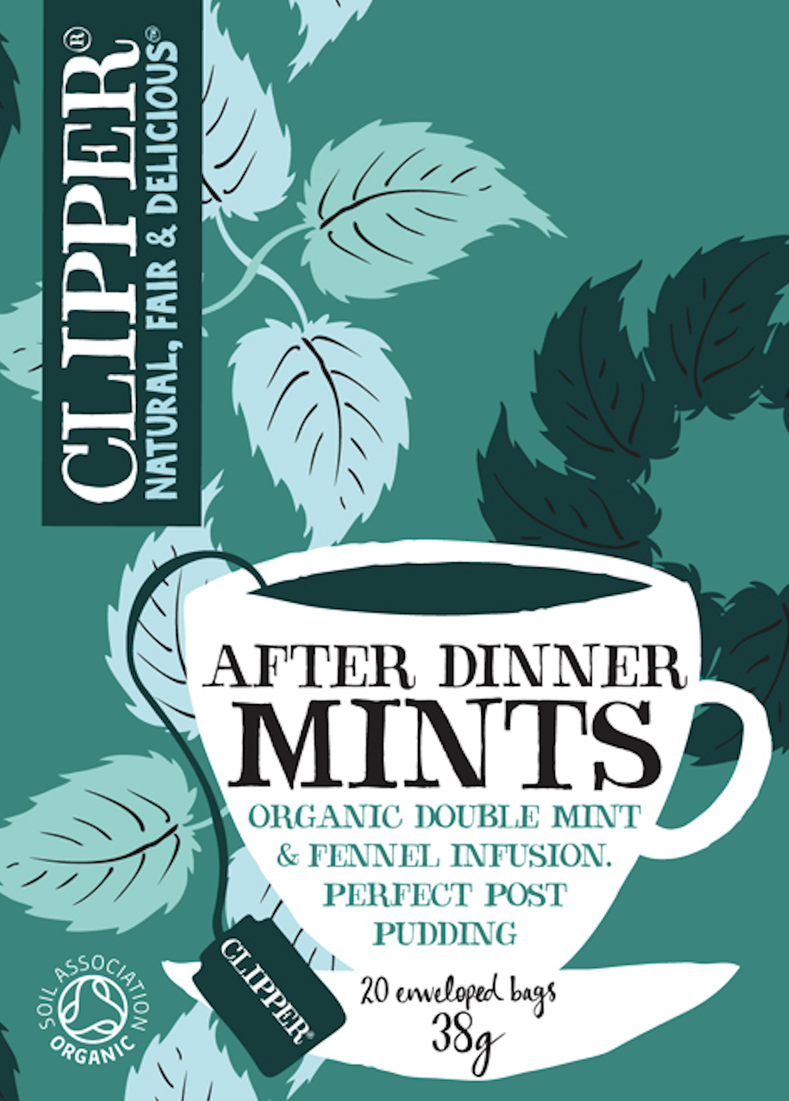 A package of Clipper organic double mint and fennel infusion tea. The packaging features illustrations of mint leaves and mentions that it contains 20 wrapped tea bags, weighs 38 grams, and is labeled as natural, fair, and delicious. 