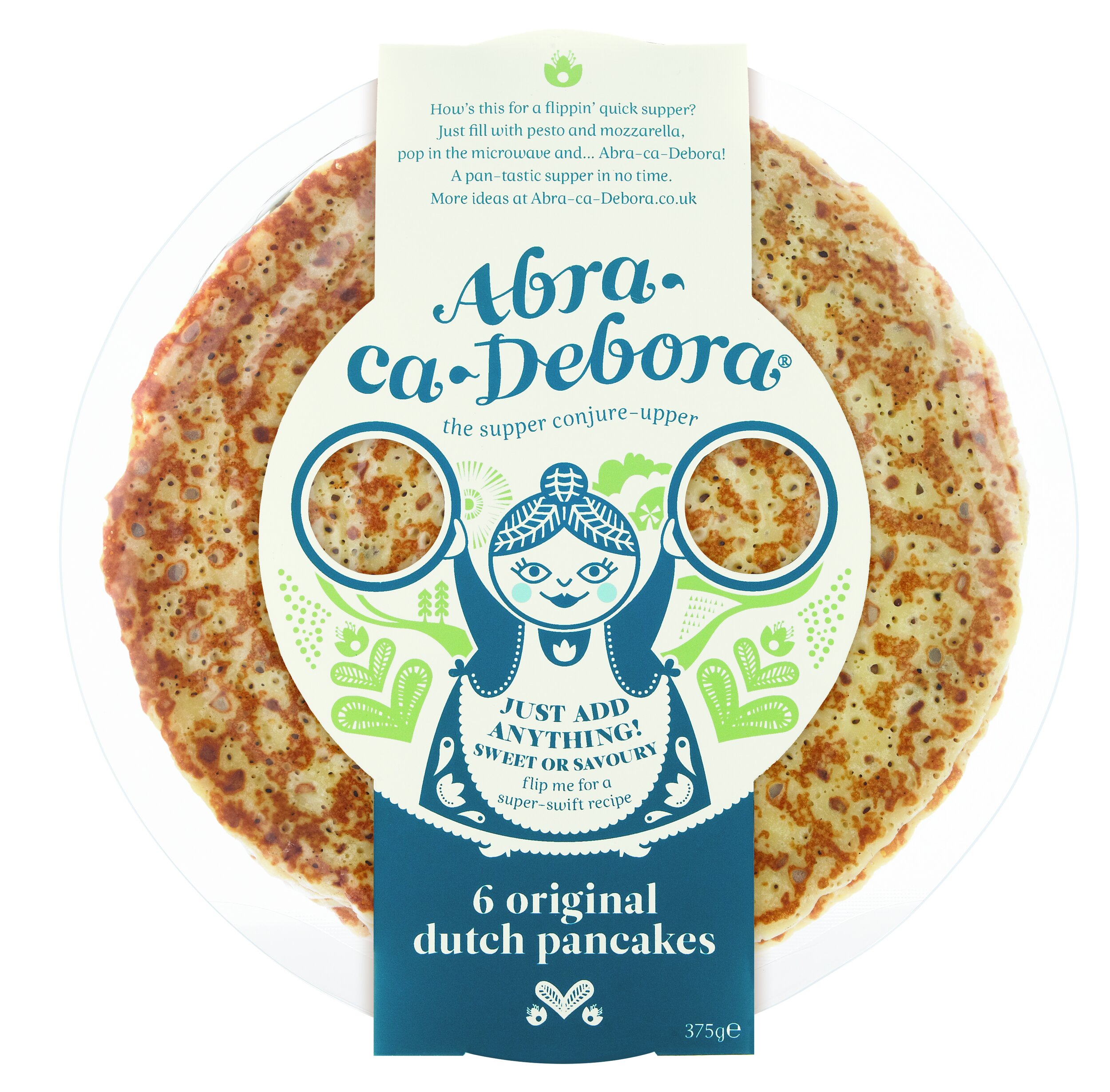 Frozen Dutch pancakes with packaging label featuring a blue and green illustration of a girl holding two circles, with text promoting quick supper ideas and describing the product as six original Dutch pancakes.
