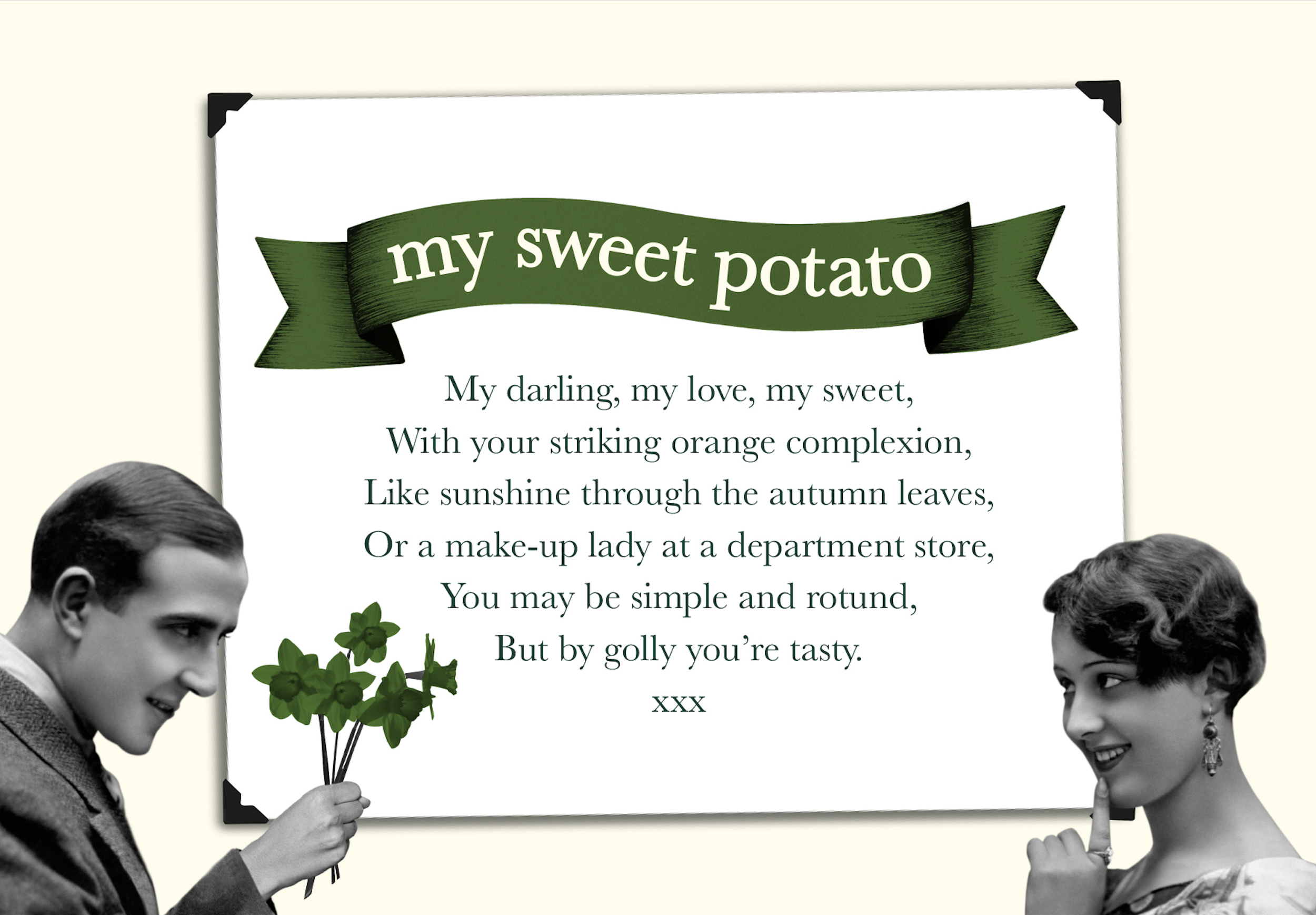 A vintage black-and-white photo of a man holding a bunch of shamrocks and a woman smiling with her finger on her lips, next to a romantic poem titled 'my sweet potato' on a white background.