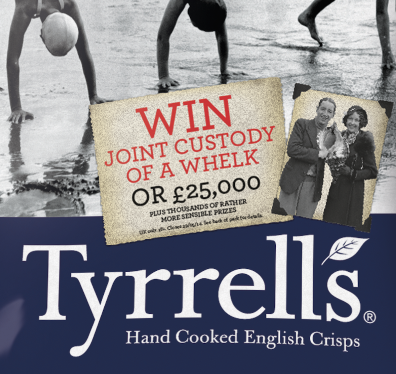 A Tyson's crisp packaging advertisement with a vintage photo of two women smiling and a smaller photo of children playing on the beach, highlighting a contest to win joint custody of a wheelchair or £25,000.