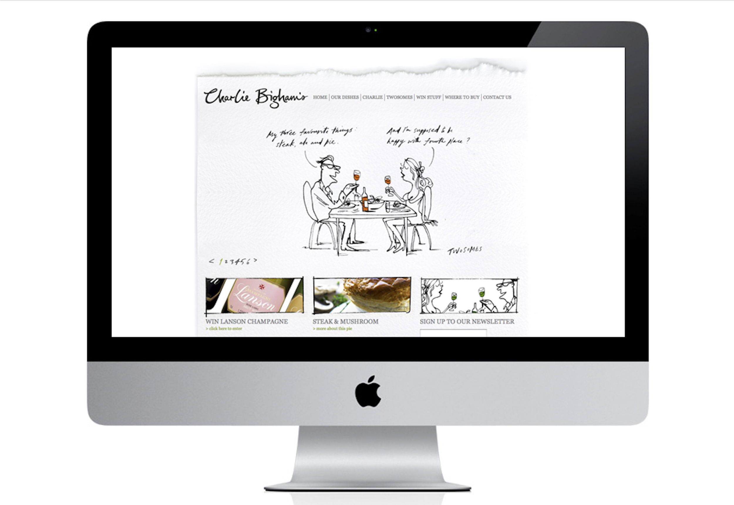 Screenshot of a website homepage featuring a hand-drawn illustration of a man and woman dining, with links to food options and promotional offers.