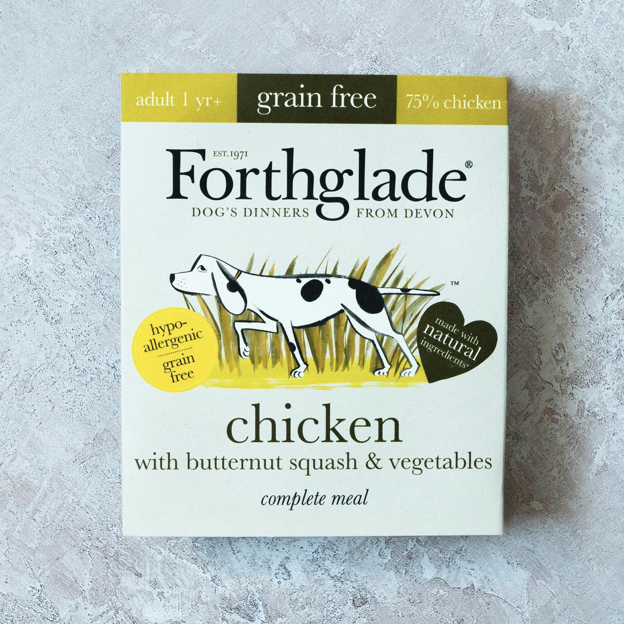 Package of Forthglade dog food chicken flavor with butternut squash and vegetables, grain free, hypoallergenic, made with natural ingredients.
