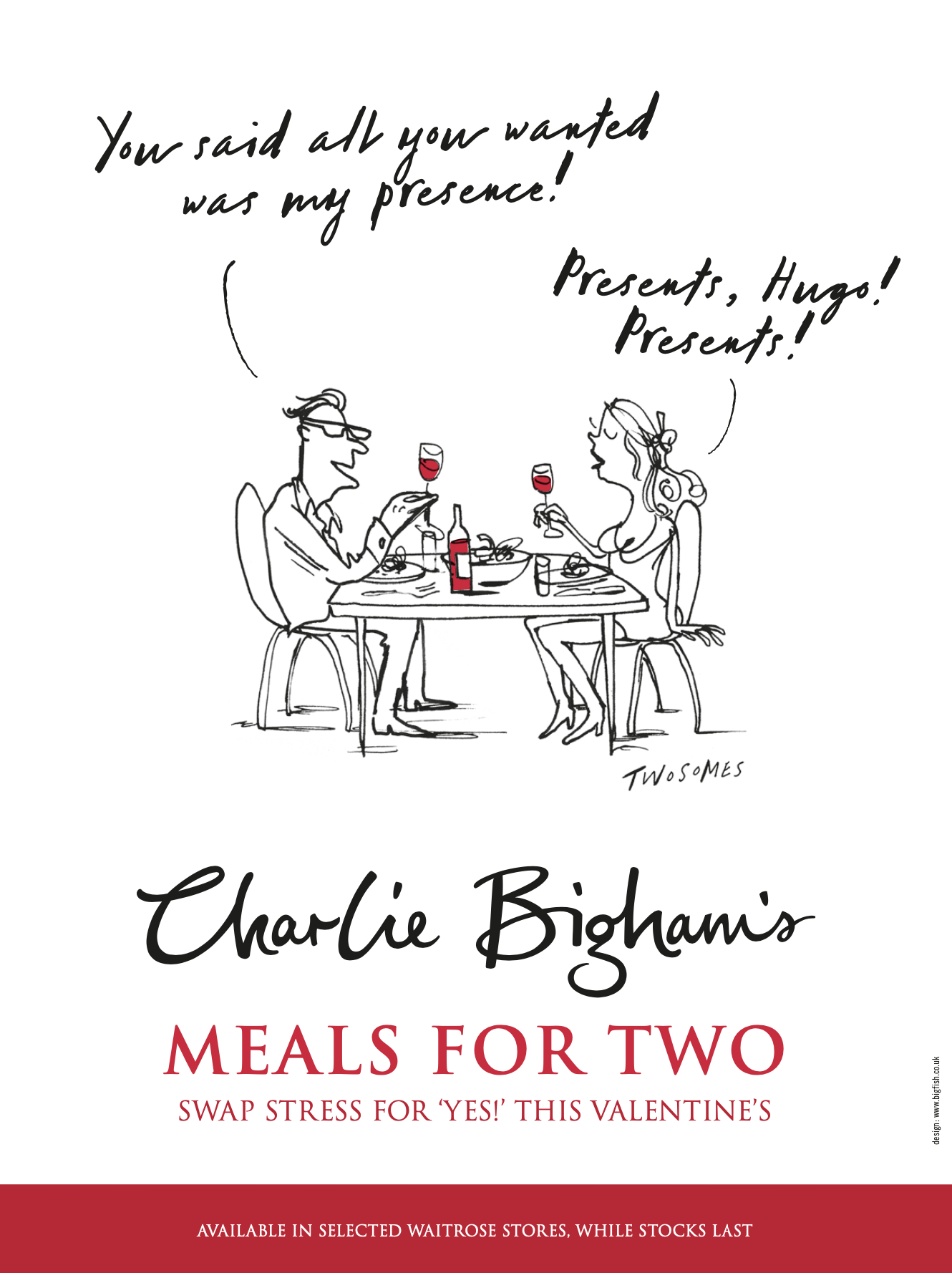 A comic illustration of a couple at a dinner table, where the woman is giving presents to the man; they are drinking red wine. The woman says, 'You said all you wanted was my presence!' and the man responds, 'Presents, Hugo! Presents!' The image is p