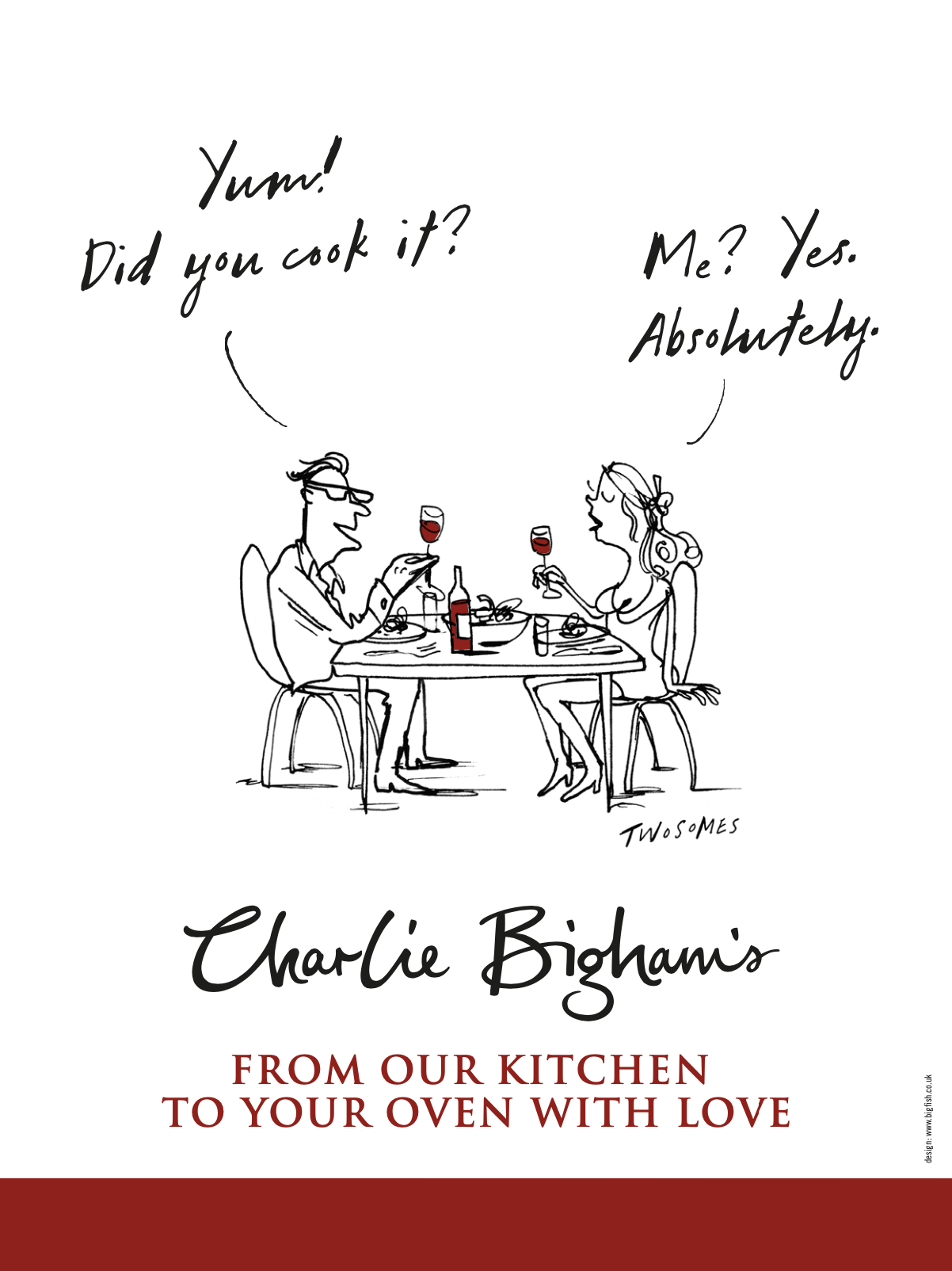 Cartoon illustration of a man and woman sitting at a dinner table with wine glasses, a bottle, and a candle, having a conversation about cooking and eating.