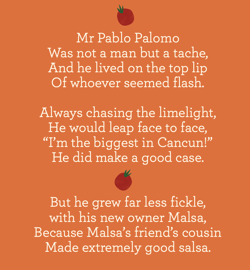Poem about Mr. Pablo Palomo on an orange background with a small illustration of a tomato at the top and bottom.