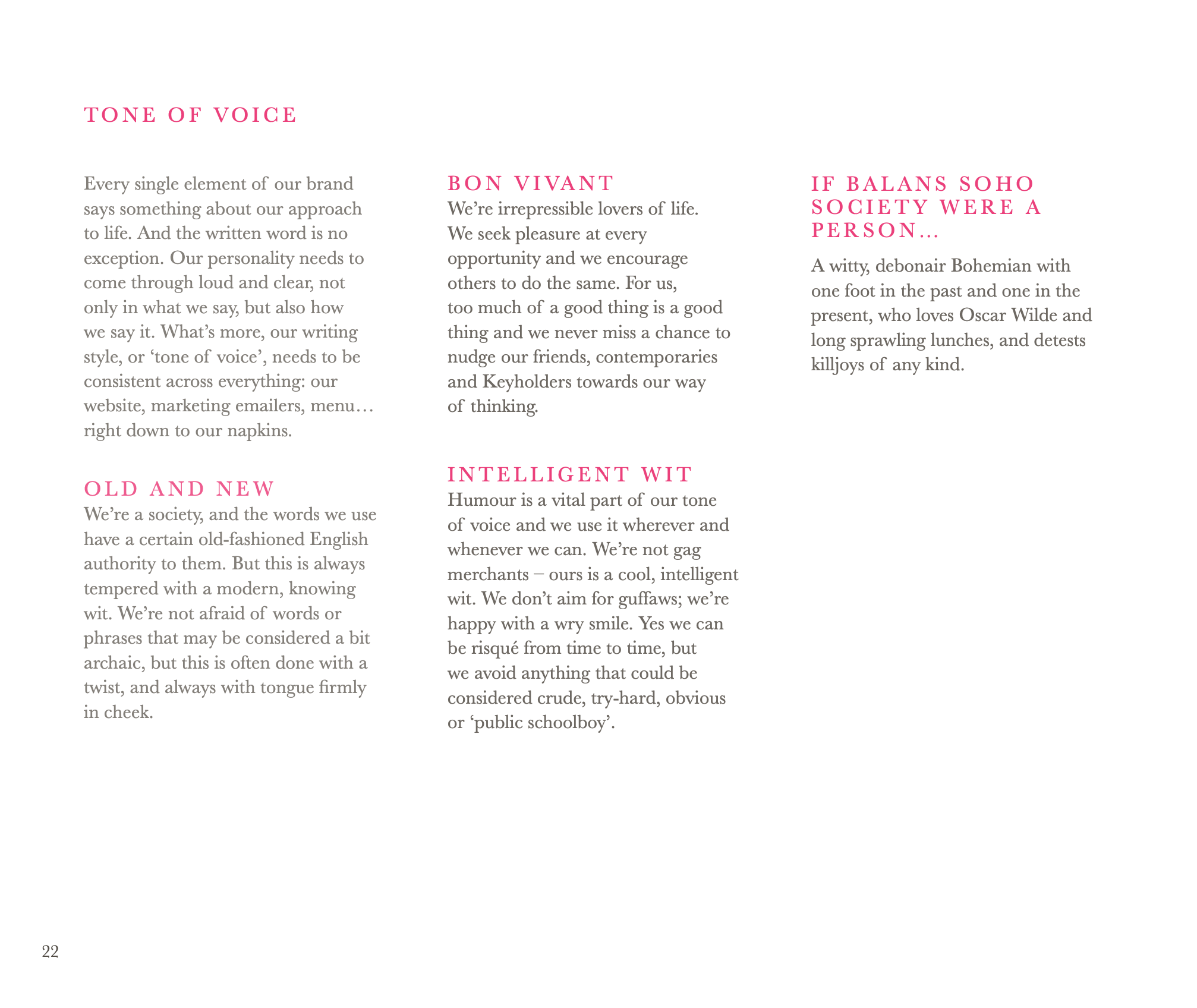 A two-page magazine spread with six sections of text in different colors and fonts, titled 'Tone of Voice,' 'Bon Vivant,' 'Old and New,' 'Intelligent Wit,' and 'If Balans Soho Society Were a Person,' describing brand personality attributes.