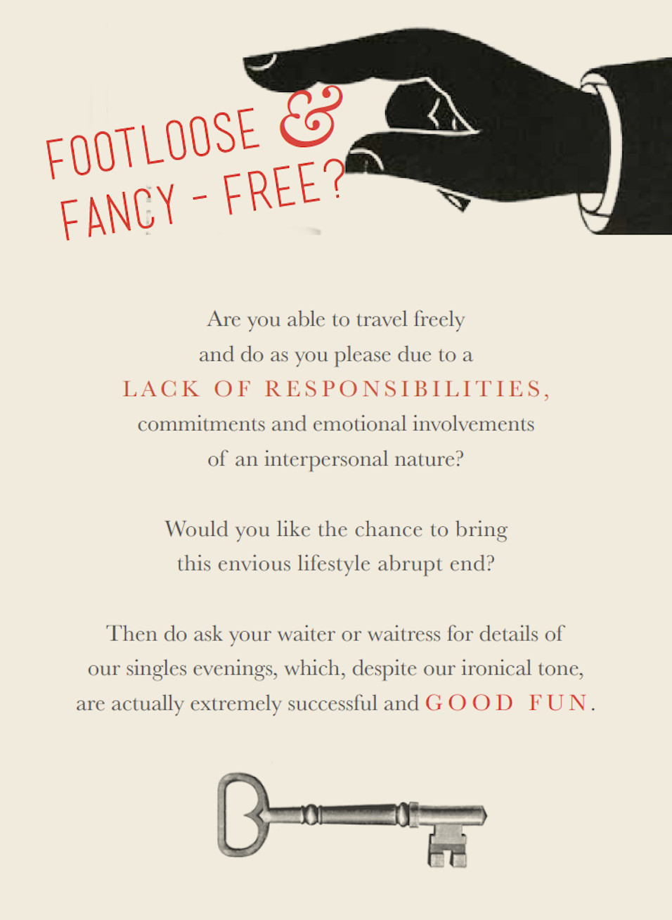 A vintage-style illustration of a hand with a white cuff holding a red ampersand between the thumb and index finger, with text reading "Footloose & Fancy-Free?" and additional text about travel freedom and lifestyle written in black and red, along wi