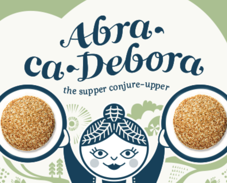 Illustration of a woman holding two bowls of food, with the text 'Abra-ca-Debora, the supper conjure-upper.'