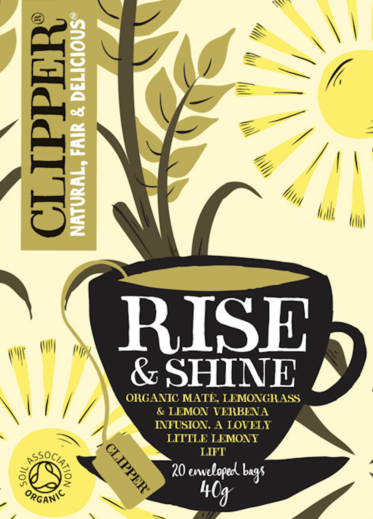 A product package for a herbal tea blend called 'Rise & Shine' featuring organic mate, lemongrass, and lemon verbena. The design includes a sunny yellow background with sun illustrations, a black tea cup, and text promoting the tea's natural, fair, a