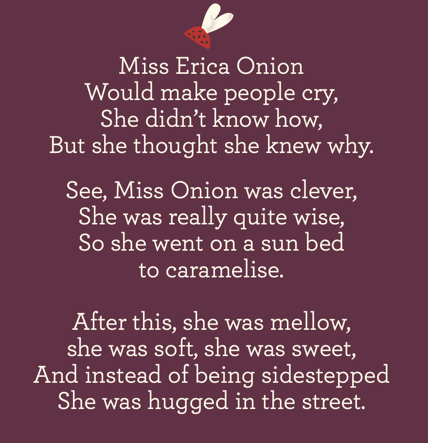A poem about Miss Erica Onion, describing her as clever and wise, who went on a sunbed to caramelize, and then became mellow, soft, and sweet, hugging in the street, with a small illustration of a strawberry with a leaf at the top.