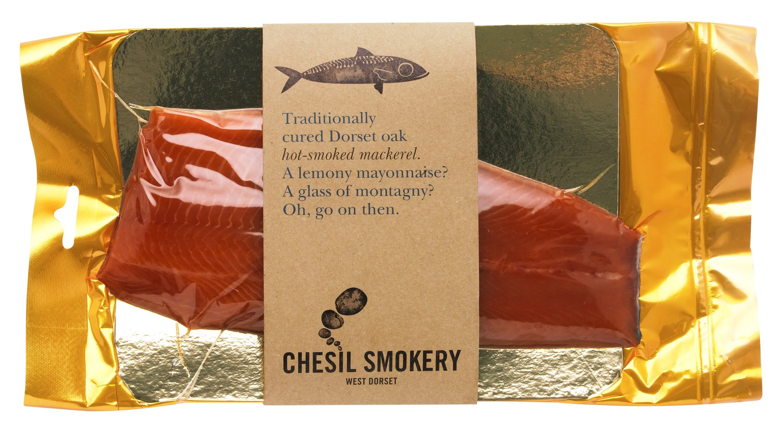 Packaging of smoked mackerel with a label that has a fish illustration and reads: "Traditionally cured Dorset oak hot-smoked mackerel. A lemony mayonnaise? A glass of montagn? Oh, go on then." The brand name is Chesil Smokery, West Dorset.